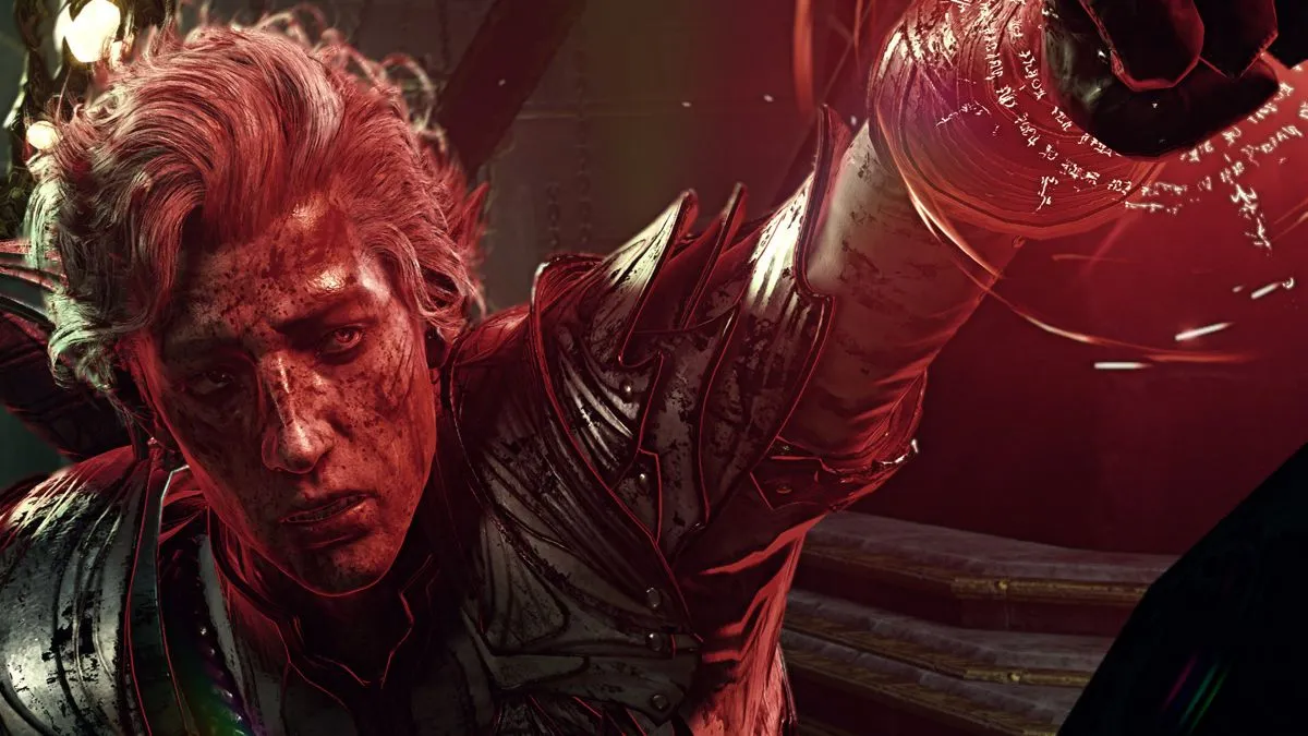 Astarion, bloodied and glaring, runes spiralling from his arm.