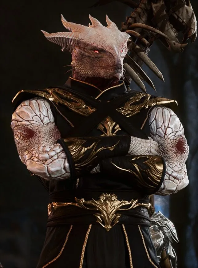 The Dark Urge, white dragonborn in black-and-gold armour, arms crossed.