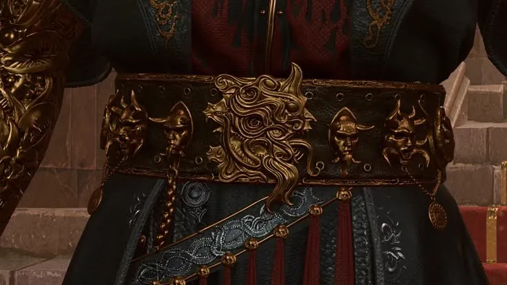 Gortash’s belt, central medusa plate with chained motifs.