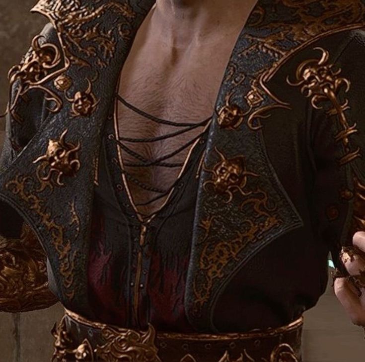 Close-up of embroidered collar and chest lacing.
