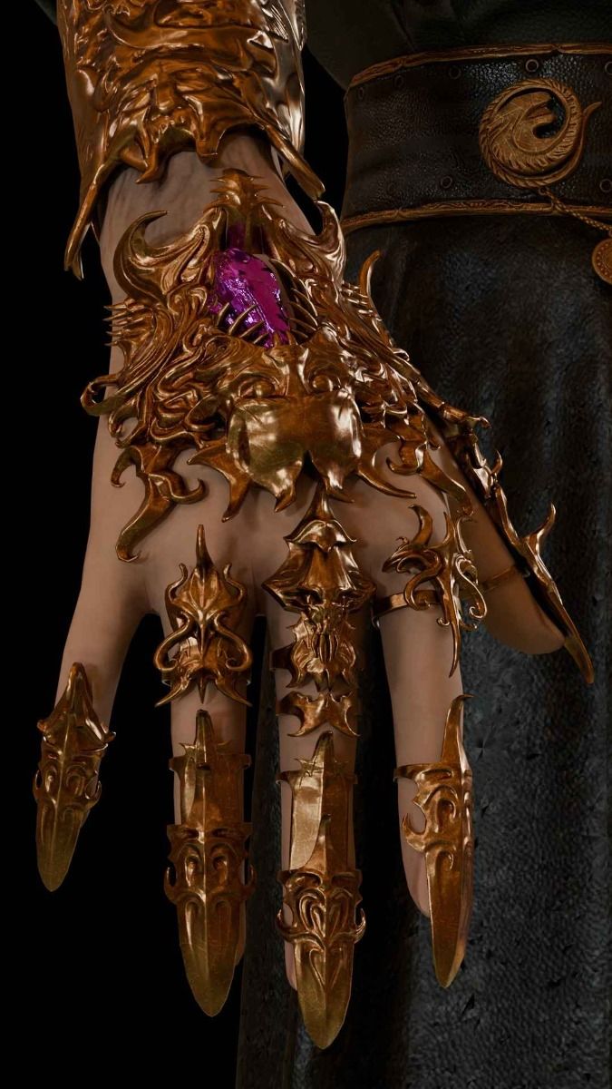 Close-up of the golden gauntlet with the violet inset stone and clawed plates.