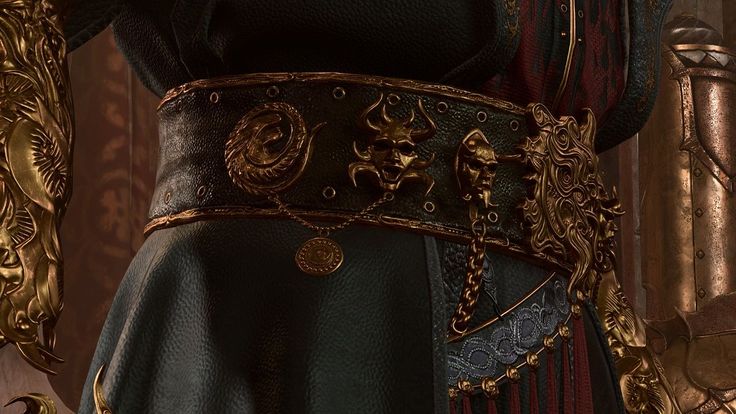 Close-up of belt segment with coiled moon coin and chain.