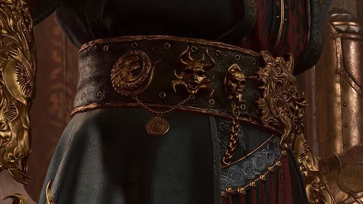 Close-up of belt segment with coiled moon coin and chain.