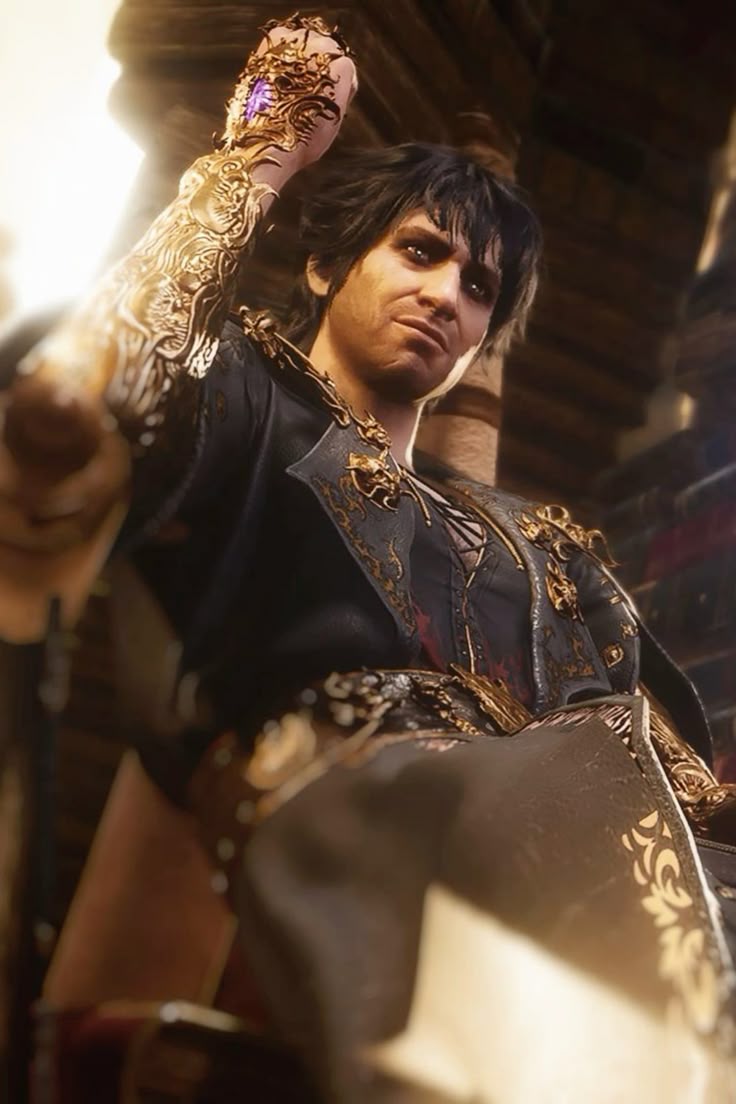 Low-angle shot of Gortash lounging, gauntlet raised, smug as gravity.