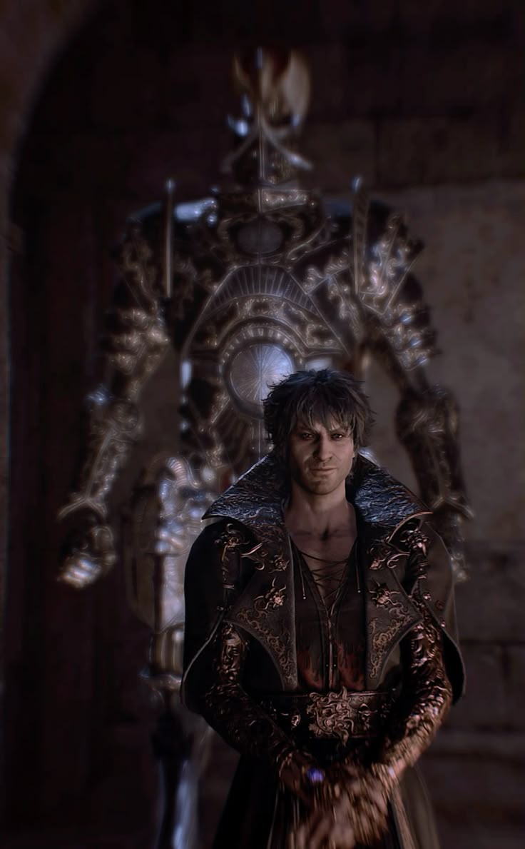 Gortash standing before a looming Steel Watcher automaton.