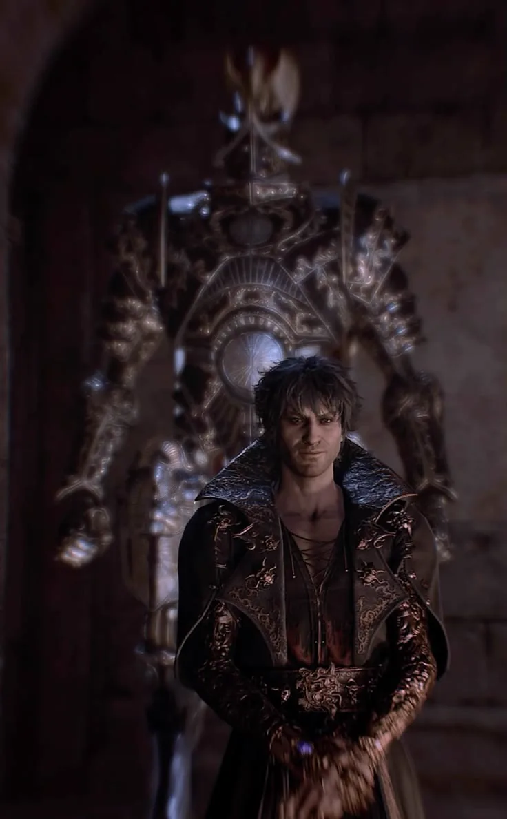 Gortash standing before a looming Steel Watcher automaton.