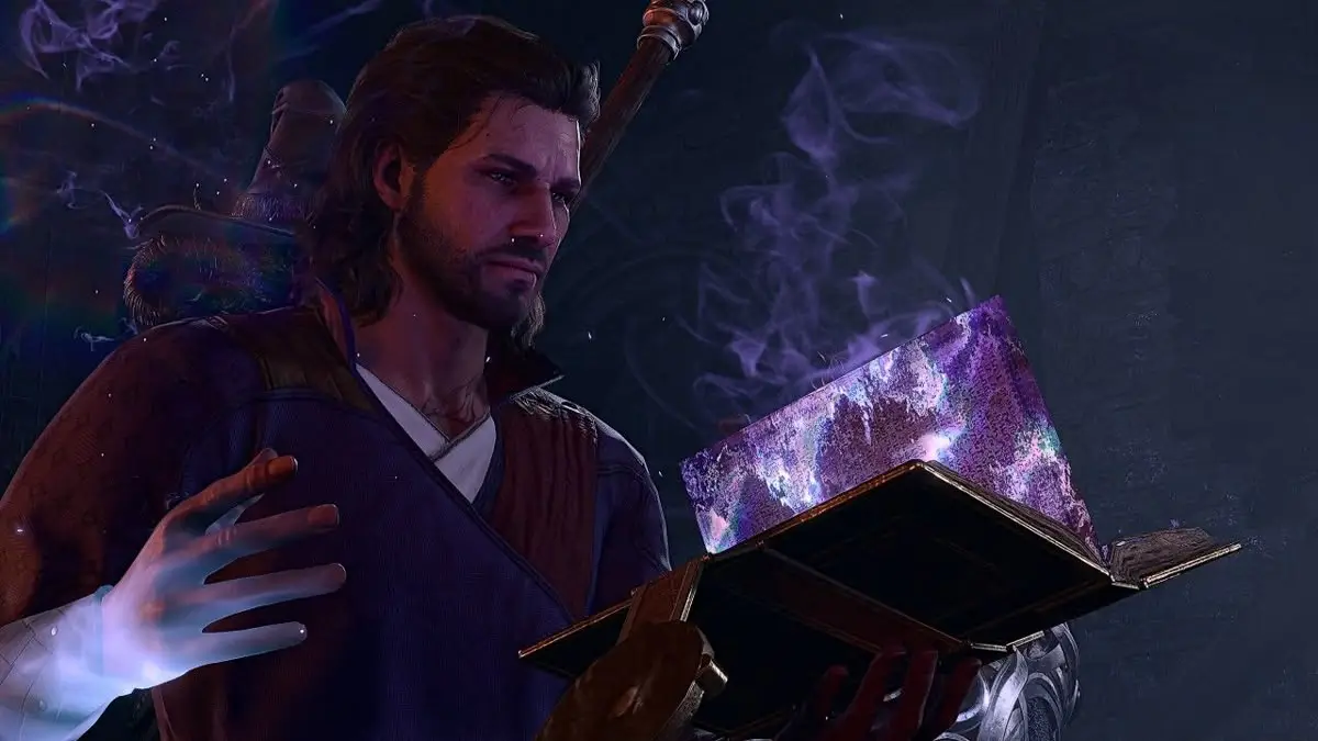 Gale, bathed in violet light, eyes reflective and absurdly romantic.