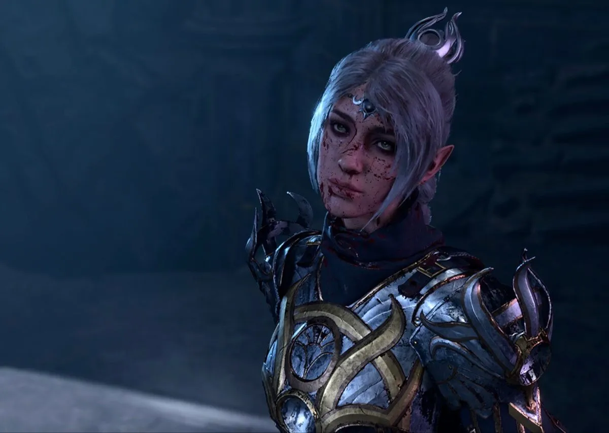 Shadowheart, cleric of Shar, half-lit and entirely judging you.