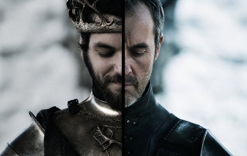Renly Baratheon in crown and armour, Stannis Baratheon in black leather, eyes downcast.