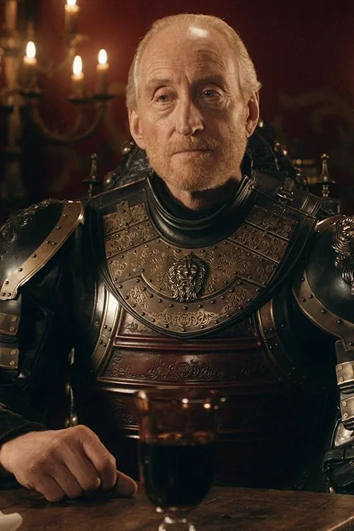 Tywin Lannister, severe and armoured in black and gold.