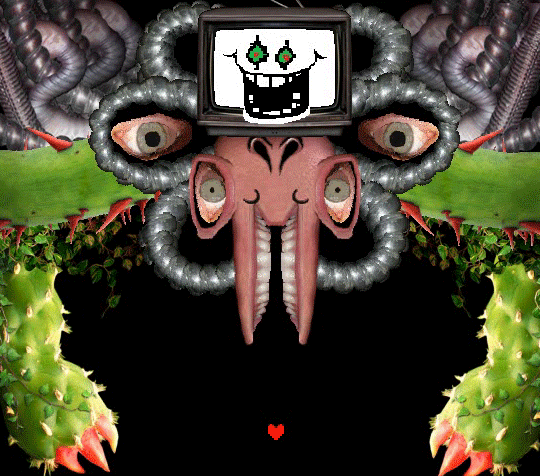 Photoshop Flowey — a screen-filling abomination of cables and faces
