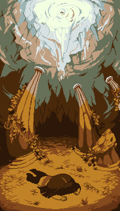 A human child lying in a bed of golden flowers beneath a break in the cavern ceiling