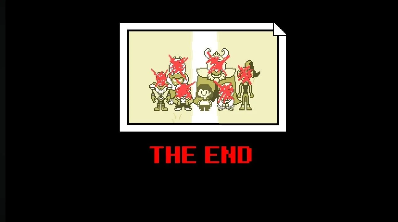 A final screen with ominous red eyes