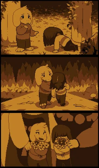 Asriel finds the child and walks them home; golden flowers in hand